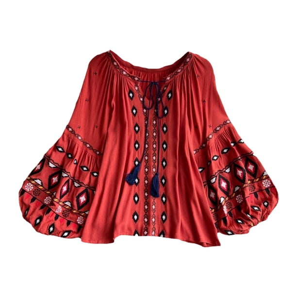 Blusa bordada con mangas abullonadas para mujer, ideal para ir de compras, fiestas, uso diario y playa. naranja rojo