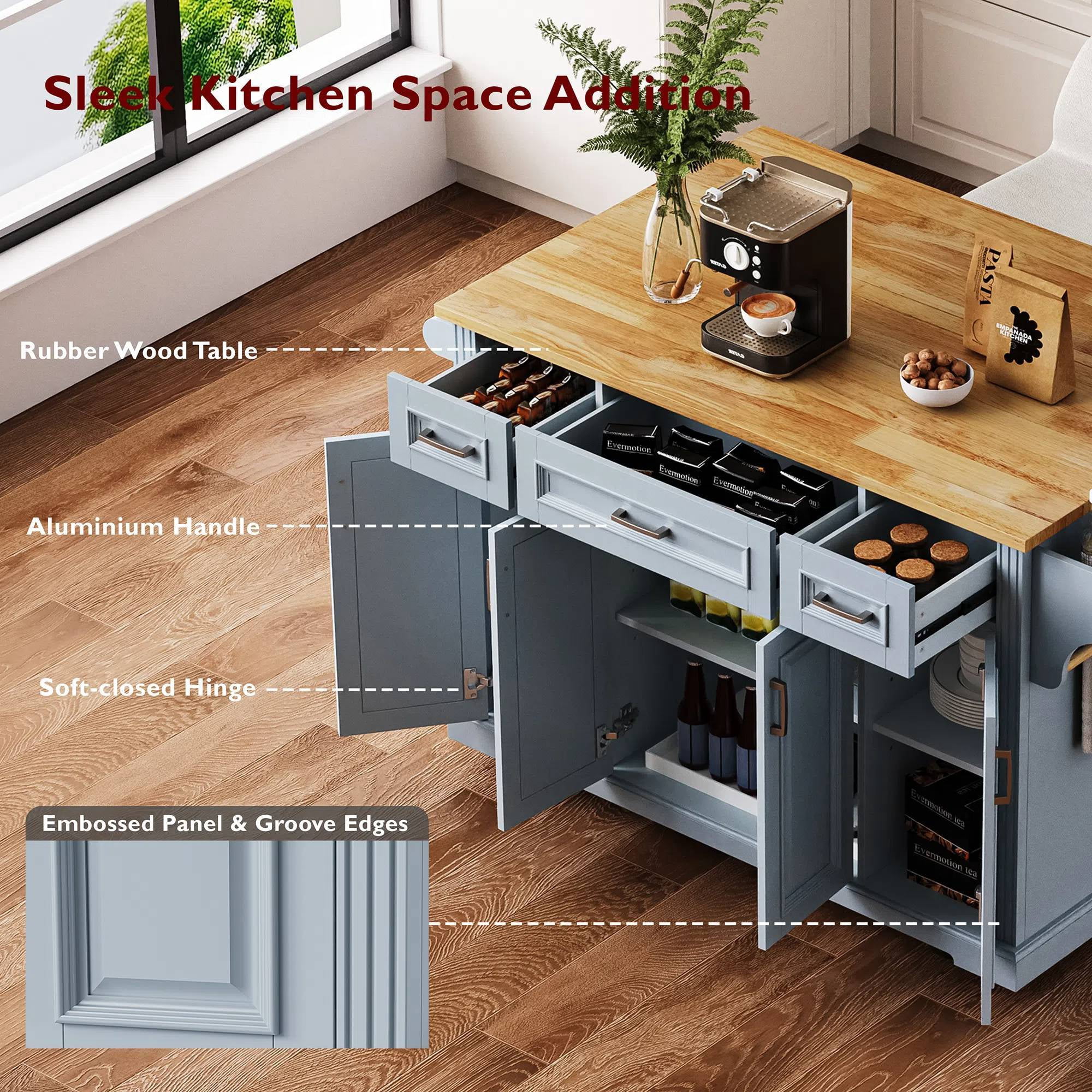 EUROCO 54" Large Kitchen Island with Rubber Wood Drop Leaf,Embossed Texture Rolling Kitchen Cart on Wheels with 4 Doors and 3 Drawers,Kitchen Island with Storage for Kitchen, Dining Room,Grey Blue