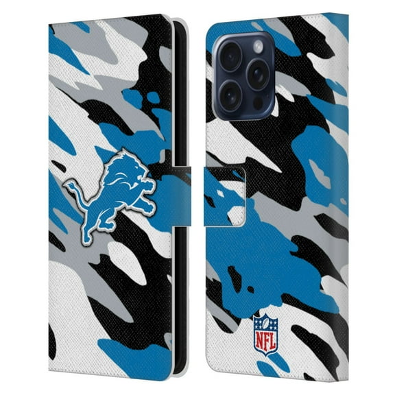 Head Case Designs NFL Detroit Lions Logo Camou Leather Book Wallet Case Cover For Apple iPhone 16 Pro Max