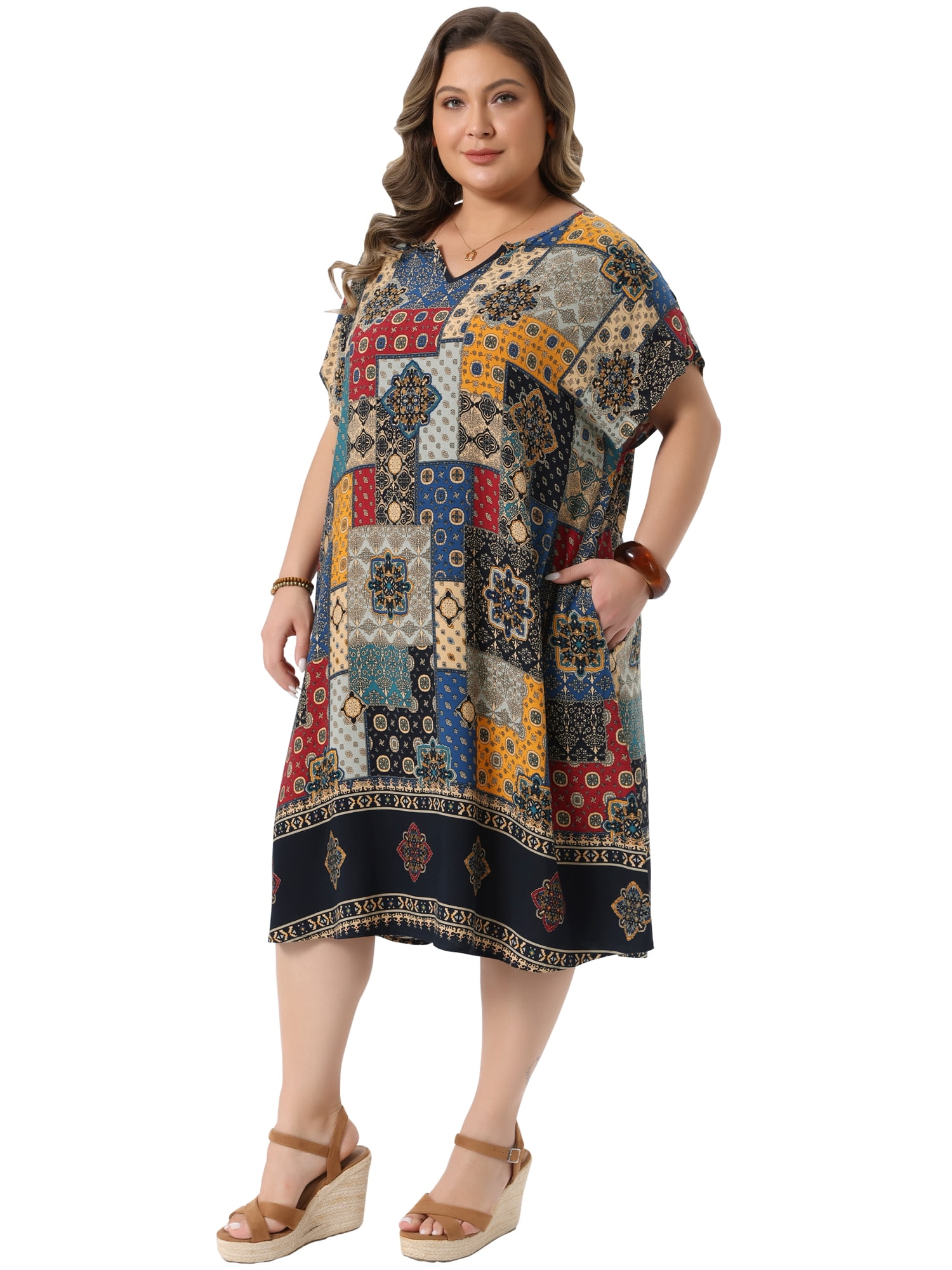 DARING DIVA Women's Plus V Neck Floral Print Midi Dress 3X Navy Blue