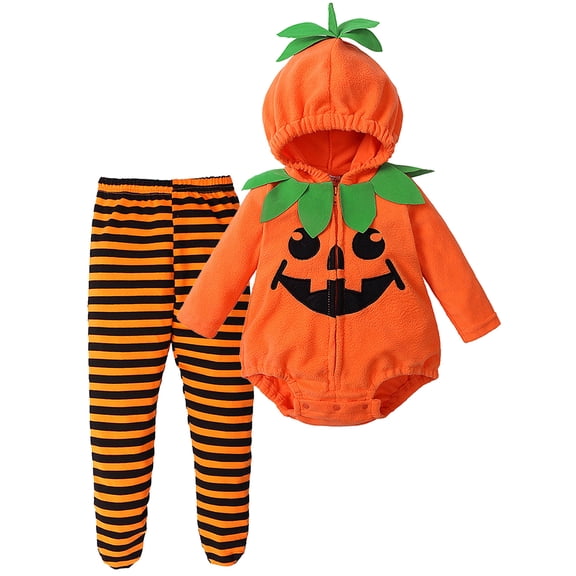 QEFJNO Unisex Toddler Baby Halloween Pumpkin Costume, Newborn Infant Long Sleeve Hooded Jumpsuit with Pants 2pcs Outfits