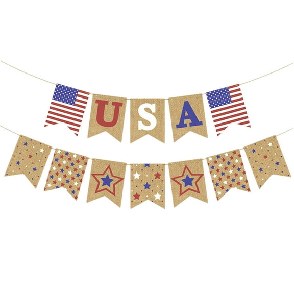 Yhmxh 4th of July USA Banner Decorations, Rustic Patriotic Banner Red White Blue Stars Bunting Garland for President Day Independence Day Theme Party Supplies Outdoor Indoor hanging Decor