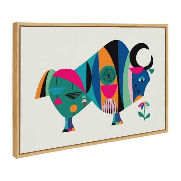 Kate and Laurel Sylvie MCM Ox Framed Canvas Wall Art by Rachel Lee, 23x33 Natural, Colorful Mid-Century Animal Art for Wall