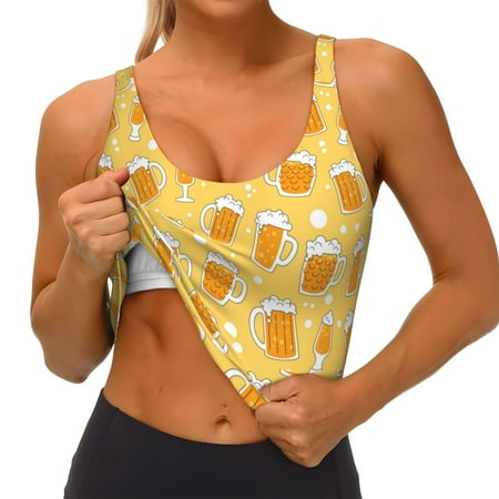 Qokaie Beer Pattern Womens Scoop Neck Sports Bra Breathable Workout Vest Padded U Back Medium Impact Fitness Gym Yoga Bra Workout Crop Top