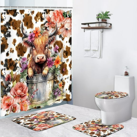 4 Pcs Highland Cow Shower Curtain Sets, Abstract Paw Cow Bathroom Decor Cub Flower Waterproof Sets with Non-Slip Rugs, Toilet Lid Cover and Bath Mat, Cute Accessories Modern Home 72" X 72"