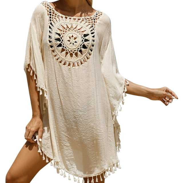 UANWENN Robe de Plage Patchwork Couleur Unie pour Femmes Petite Franges Courte Aguichant Couverture de Plage Couverture de Bain Robe de Plage en Dentelle Couverture de Maillot de Bain