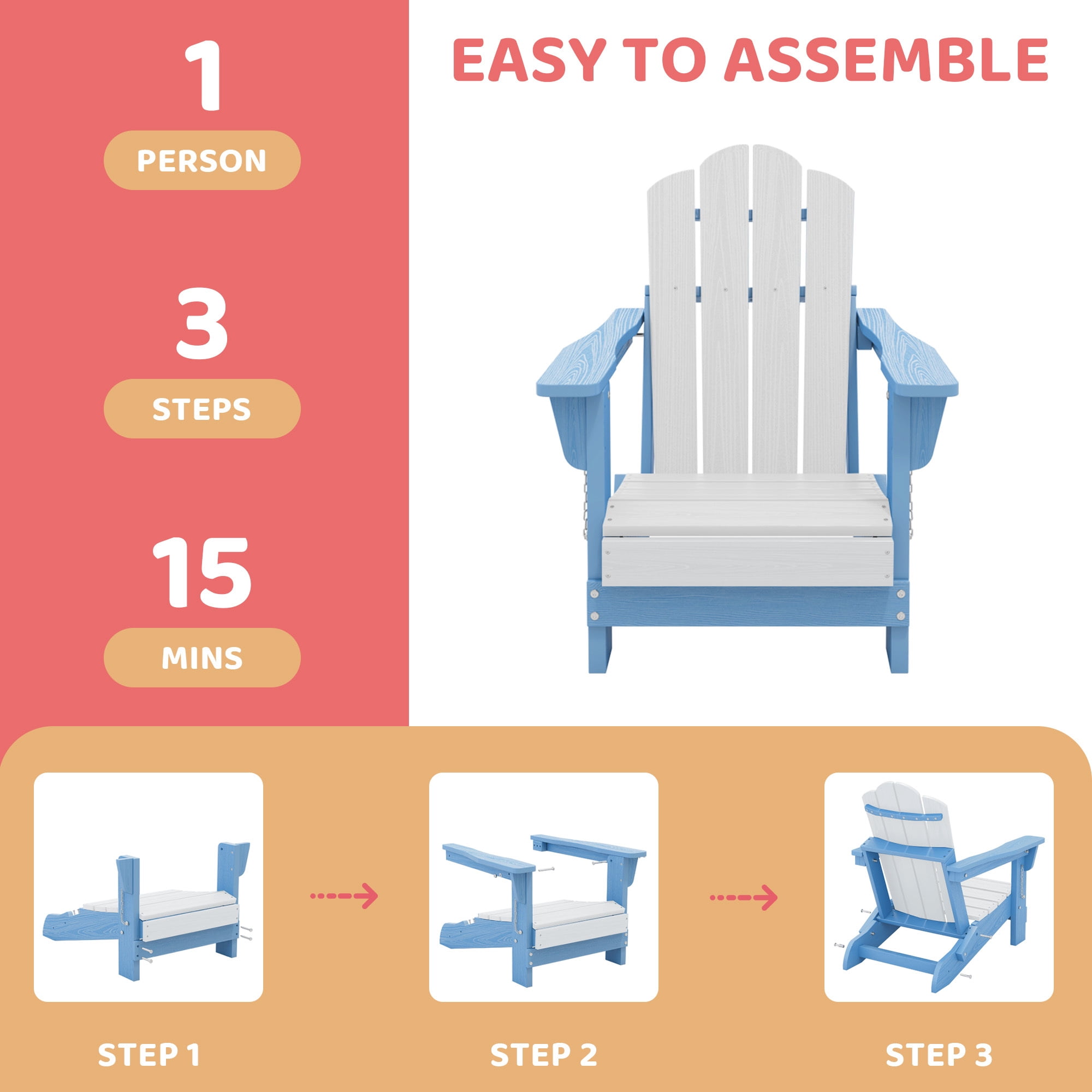 FUNDAZE HDPE Adirondack Outdoor Chair, Foldable & Weather-Resistant Patio Chair for Garden Lawn Deck,Blue and White