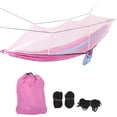 thumbnail image 1 of Hamaca portátil, ligera y con correas para colgar en los árboles. Perfecta para aventuras de acampada. Azul claro y rosa, malla rosa. Hamaca doble con mosquitero., 1 of 8