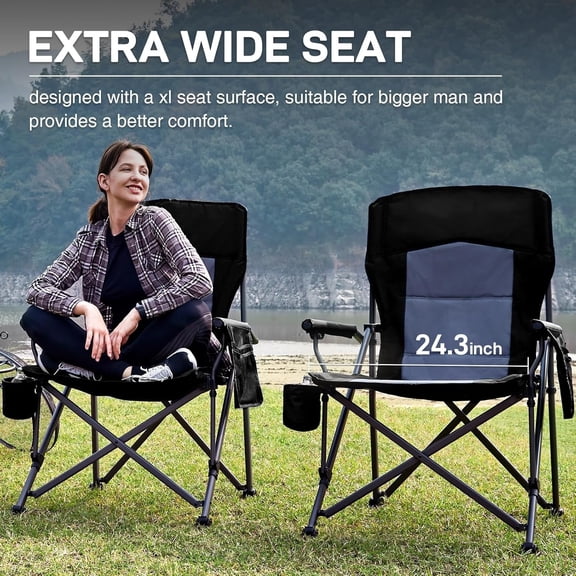 Oversized Folding Camping Chair for Adults, Heavy Duty Lawn Chair with Side Pockets, Portable Collapsible Quad Chair for Outside, Support Up to 500lbs, Black
