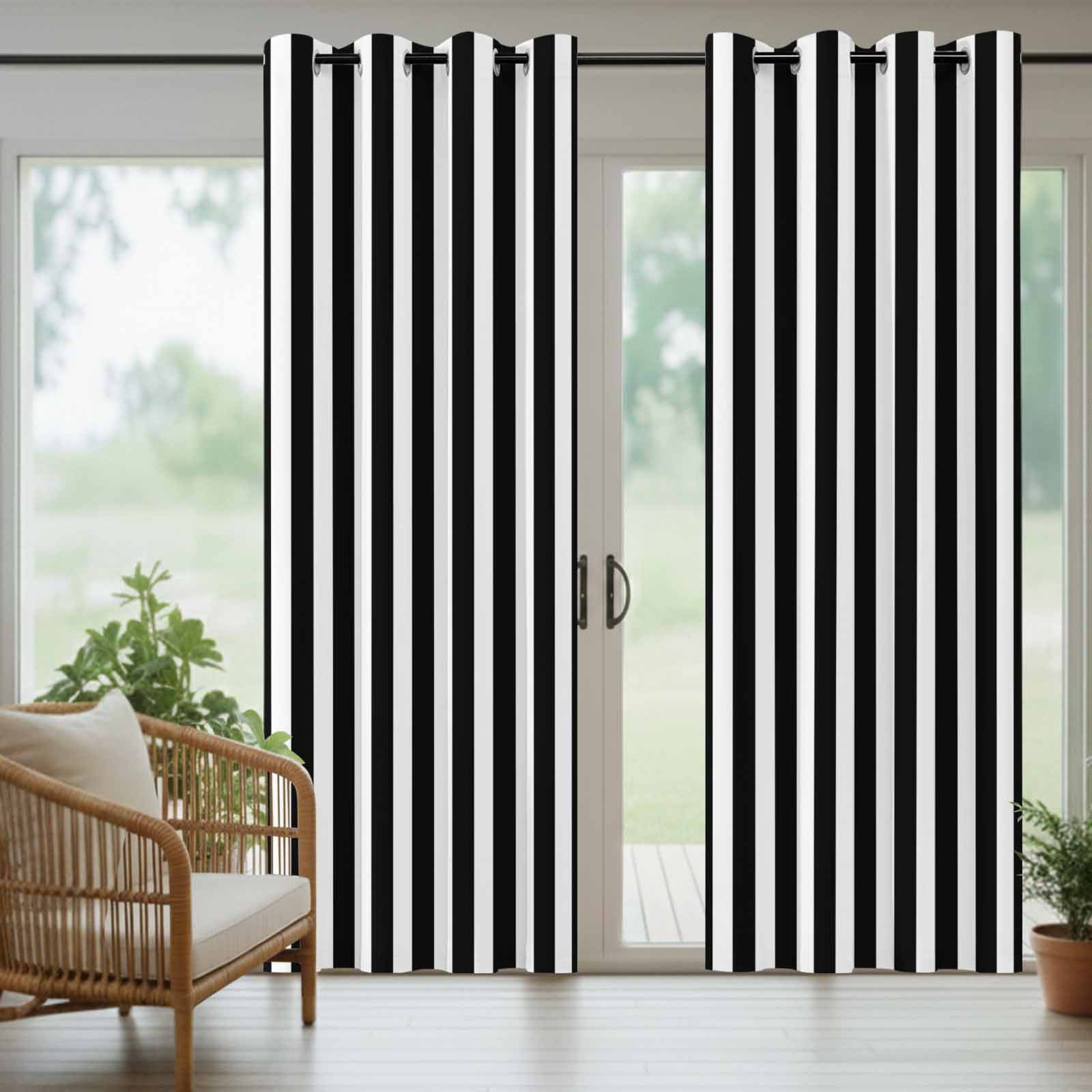Black Striped Outdoor Curtains for Patio Waterproof,Windproof Privacy Curtains with Weighted Bottom,Modern Farmhouse Black and White Stripes Outside Drapes for Picnic Garage Yard 54"x95" 2 Panel