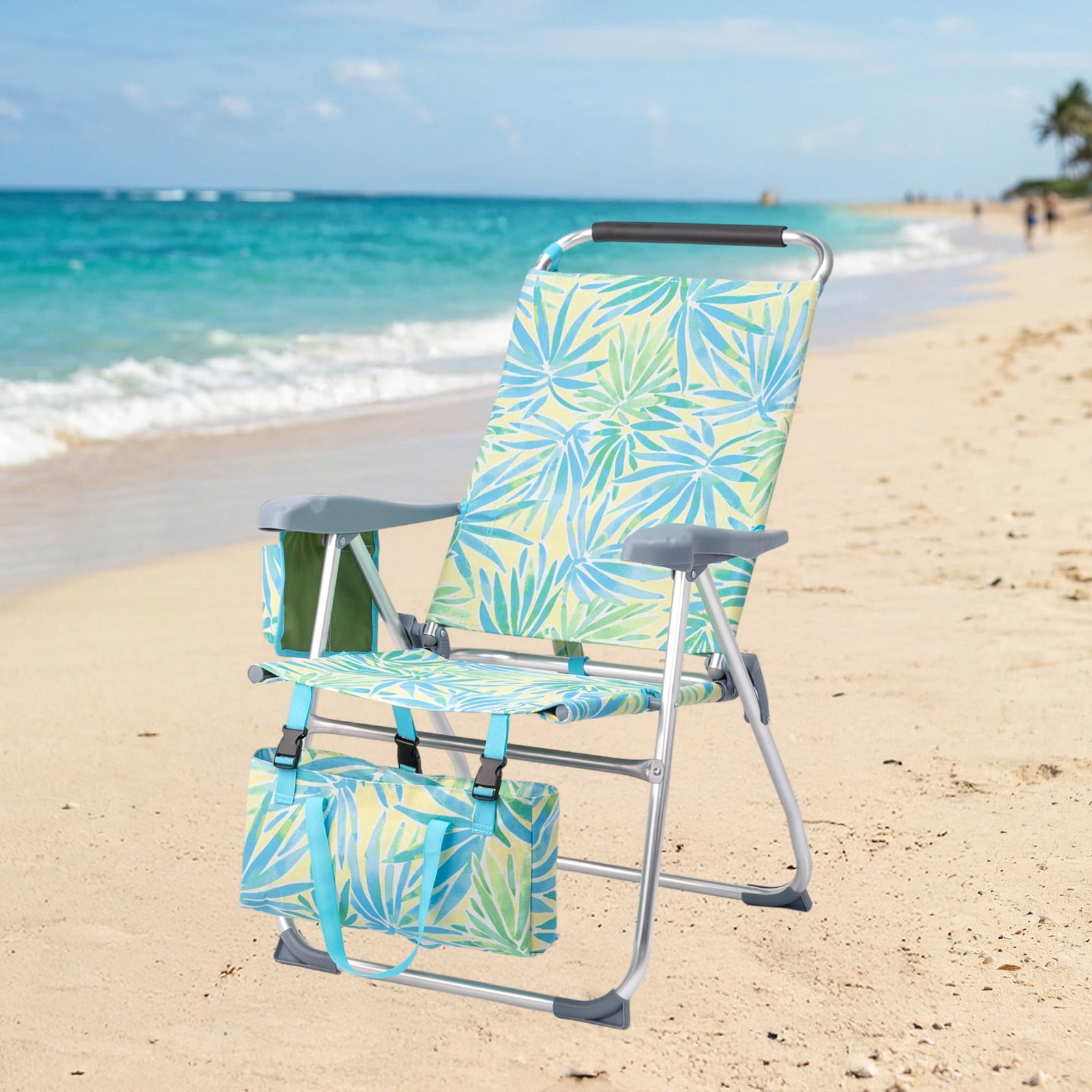 17" High Seat Folding Beach Chair, 7 Position Adjustable Recline Lounge Chair with Padded Headrest, Aluminum Frame Supports 265lbs with Cup Holder Side Pocket & Detachable Storage Tote