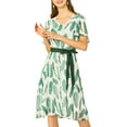 thumbnail image 3 of INSPIRE CHIC Women's Flutter Sleeve V Neck Belted Chiffon Leaf Prints Midi Dress S Green White, 3 of 7