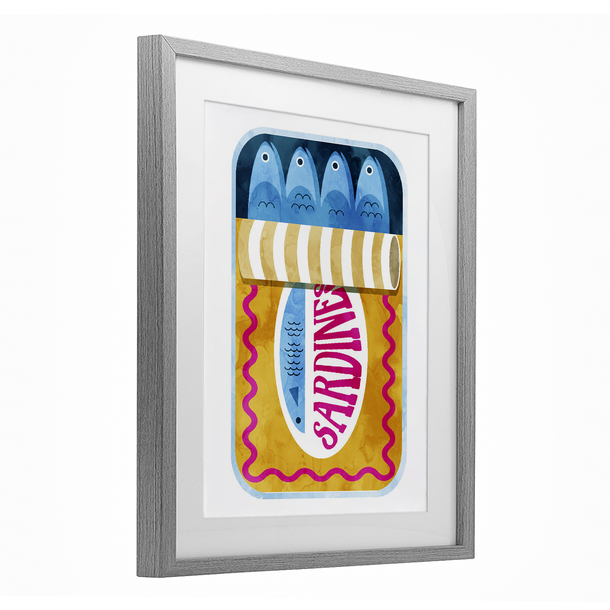 Yellow and Pink Sardine Tin Gray Framed Print Under Glass, design by Daphne Polselli