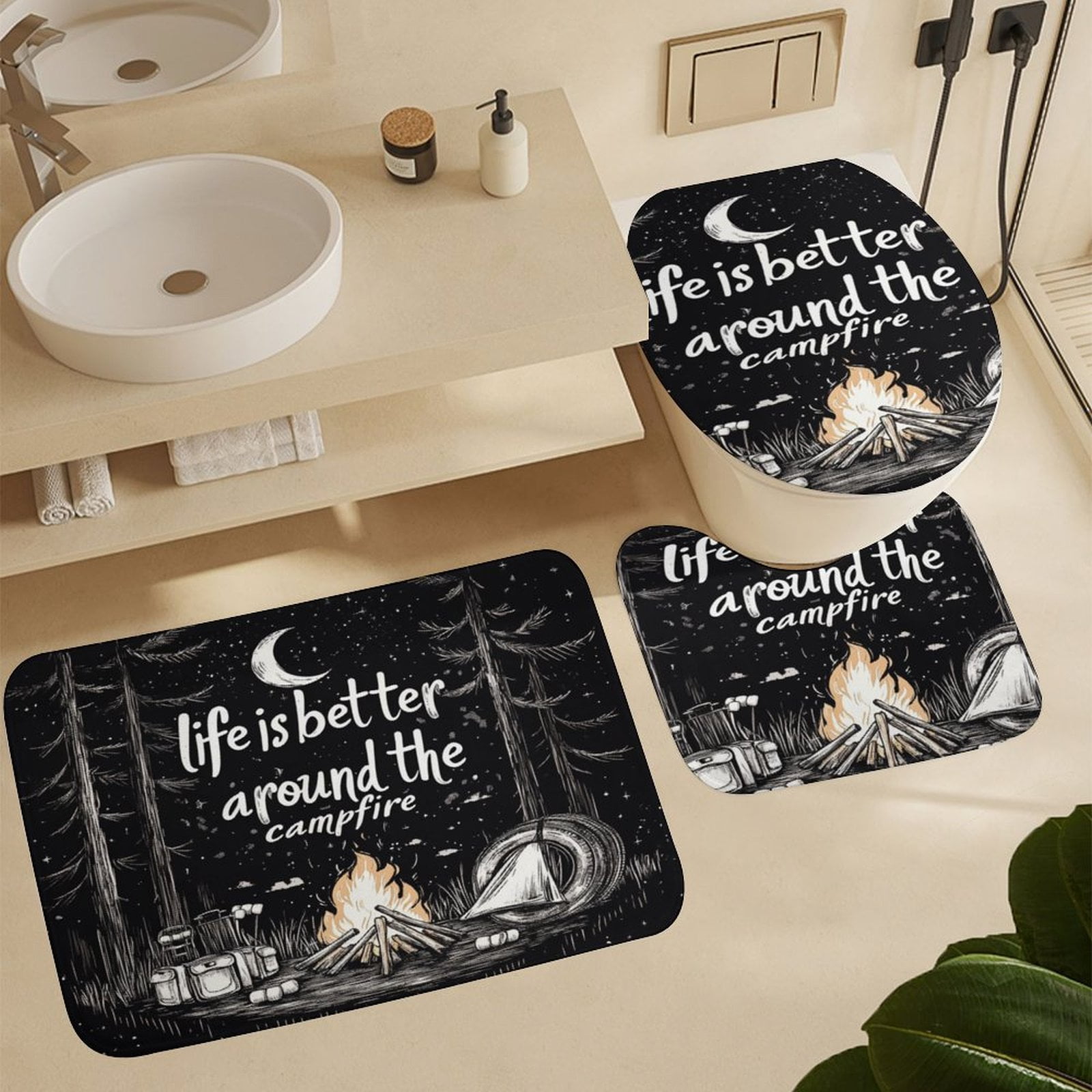 4 Piece Bathroom Rug Set with Shower Curtain Rug Toilet Lid Cover And Non-Slip U Shape Mat Life Is Better Around The Campfire Waterproof Fabric Bath Curtain Campfire Woodcut Adventure