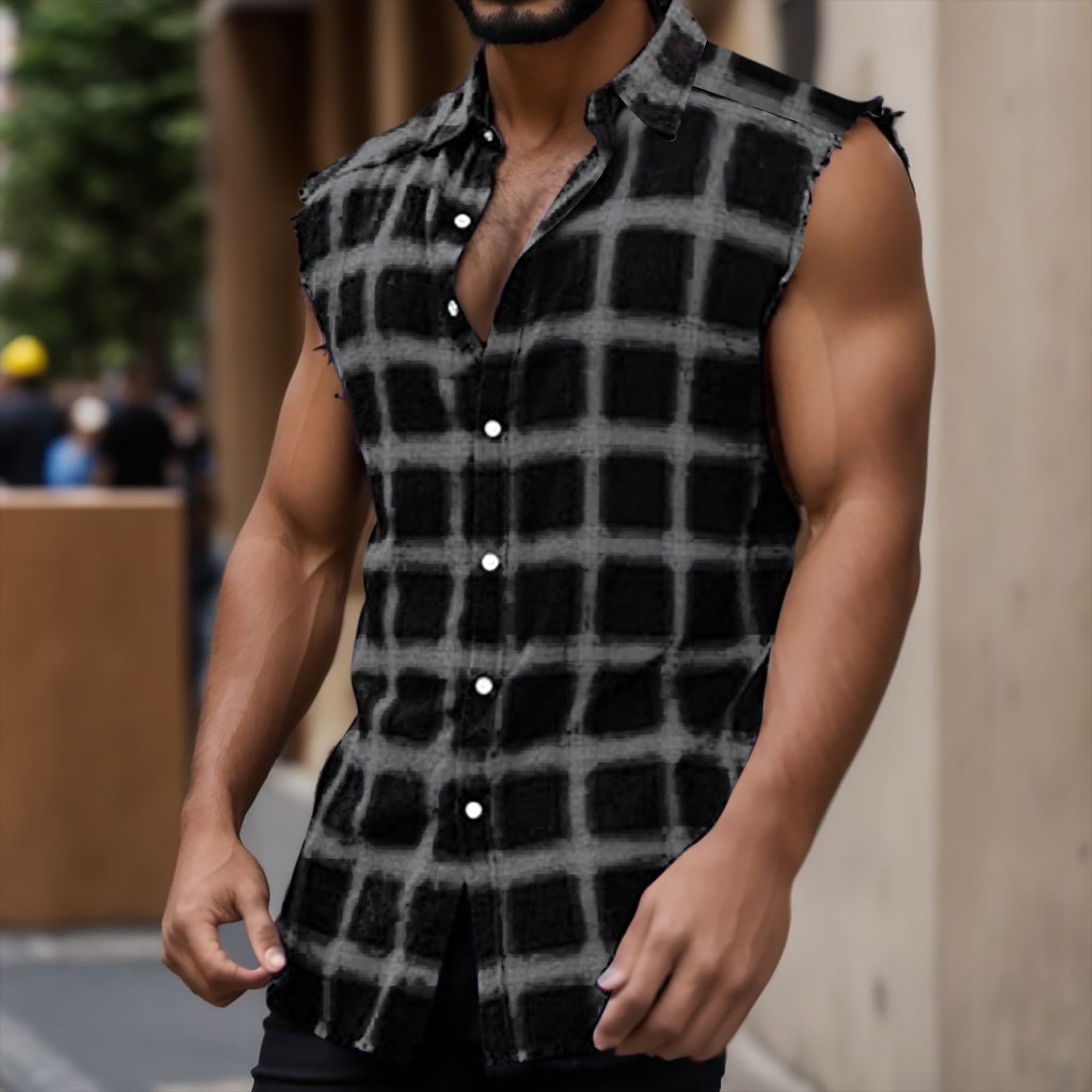 Sopiago Mens Tank Top Casual Button Up Flannel Plaid Shirt