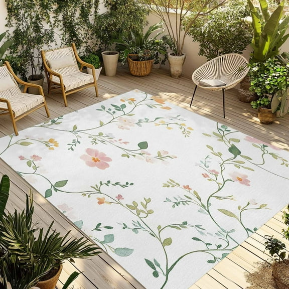Fsddascl Watercolor Wildflowers Outdoor Rug for Patio/Deck/Porch, Non-Slip Large Area Rug 5 x 8 Ft, Spring Botanical Branches Floral Indoor Outdoor Rugs Washable Area Rugs, Camping Rug Carpet