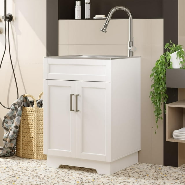 UpWiew Laundry Sink Cabinet with Stainless Steel Sink and Pull-Down Faucet, 24 Inch Large Utility Sink Cabinet for Laundry/Utility Room, Kitchen, Bathroom and Garage, White