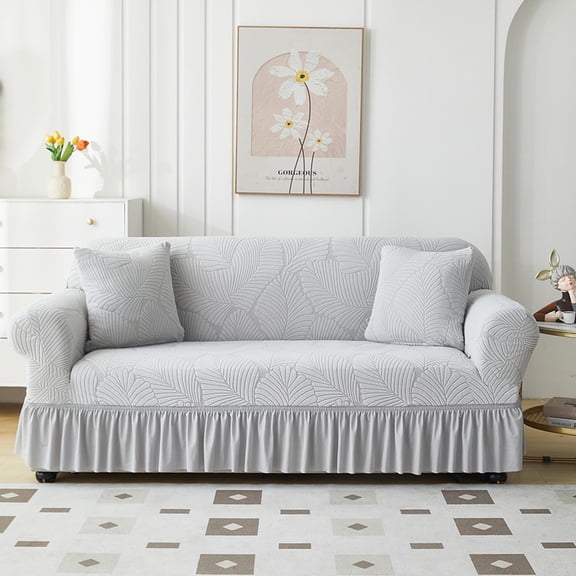 suxuMhao Skirt Style Sofa Cover for Couch, Stretch Sofa Covers Washable, Non Slip Scratch Resistant 3 Seater Couch Cover, Sofa Size Slipcovers Fit 74.8-90.55 Inches, Light Gray,1 Piece, Style 2