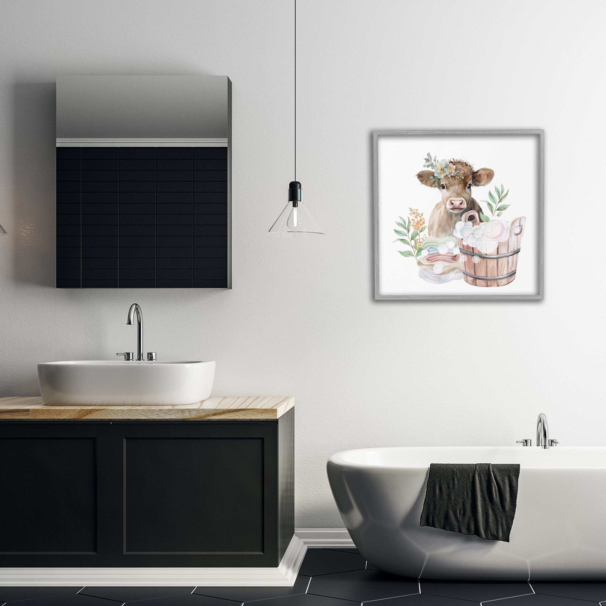 Laundry Day Baby Cow Gray Framed Giclee Art, design by Kim Allen