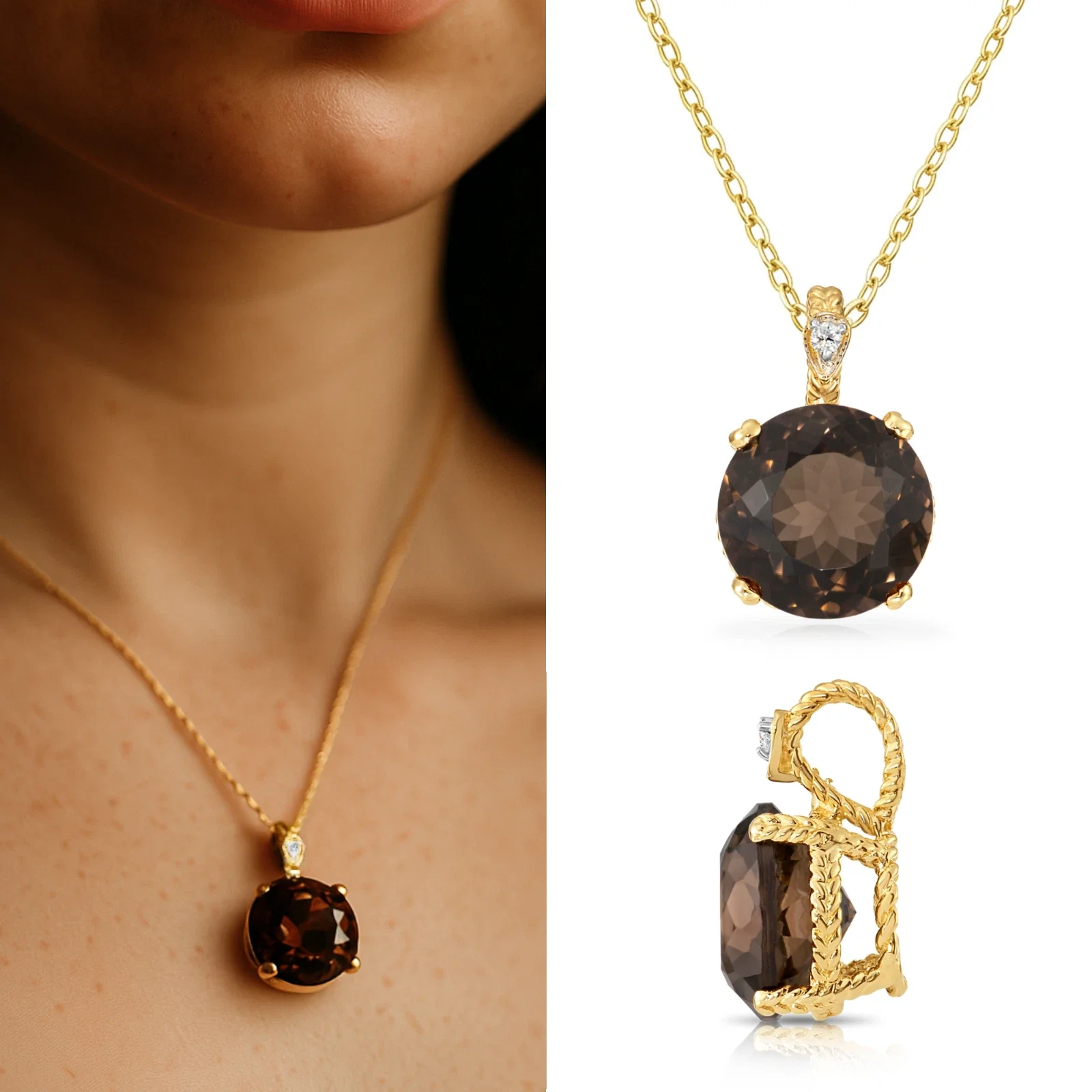 Tilo Jewelry 14K Yellow Gold 5 Carat Smoky Quartz Gemstone Solitaire Pendant Charm with Diamond Accents for Women & Unisex Necklace | Pendant Only