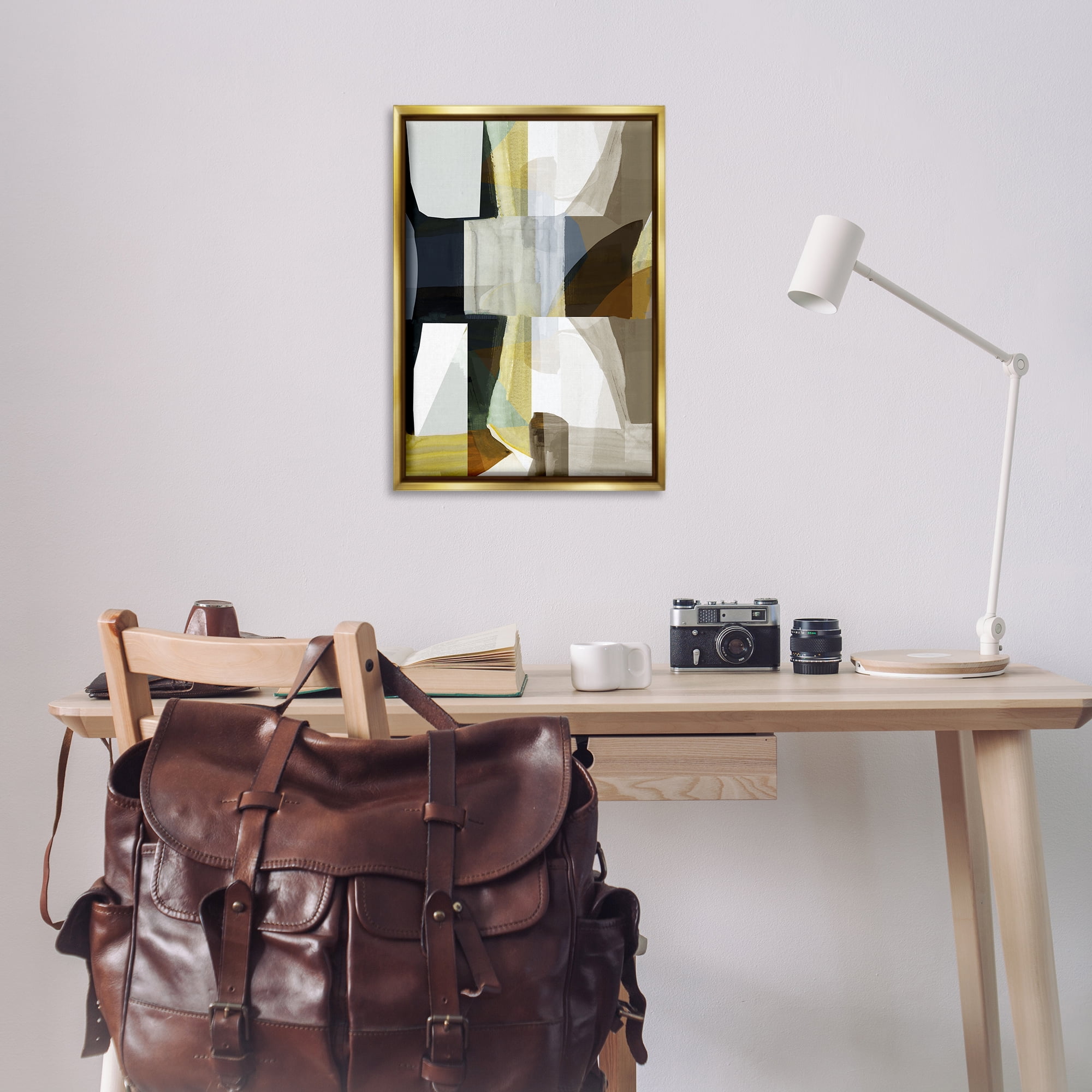 Stupell Industries Geometric with White Blocks Abstract Painting Gold Floater Framed Canvas Art Print Wall Art, 21 x 31