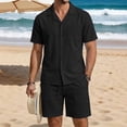 thumbnail image 2 of Linen Sets for Men Button Down Cuban Guayabera Shirt with Pocket Shorts Set 2 Piece Cotton Linen Outfits Big and Tall Size S-3XL Black, 2 of 6