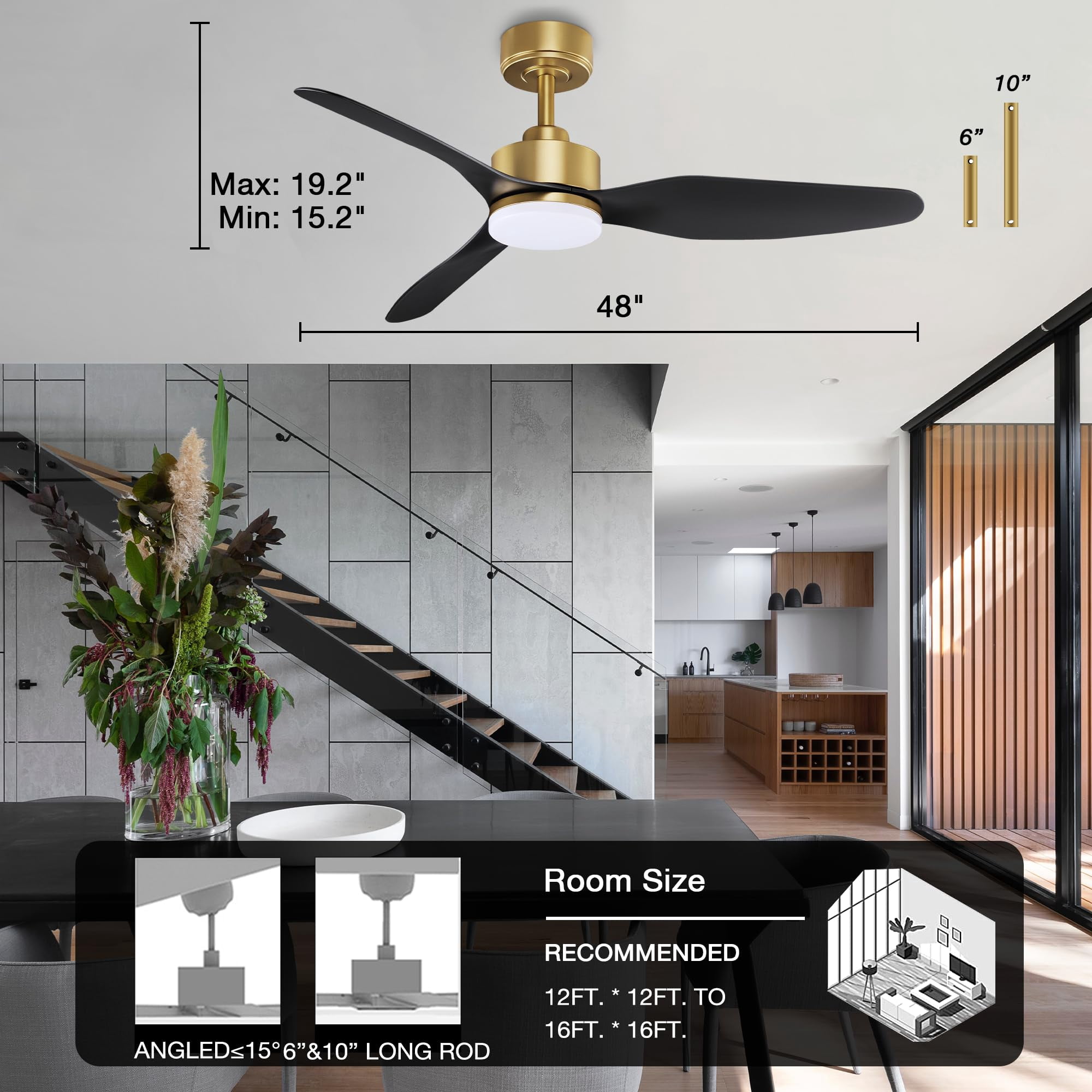 48 Inch Smart Ceiling Fans with LED Lights Remote,Quiet DC Motor,Dimmable,Outdoor Indoor Gold Black Ceiling Fan Controlled by WIFI Alexa App,for Modern Bedroom Living Room Patio Porch