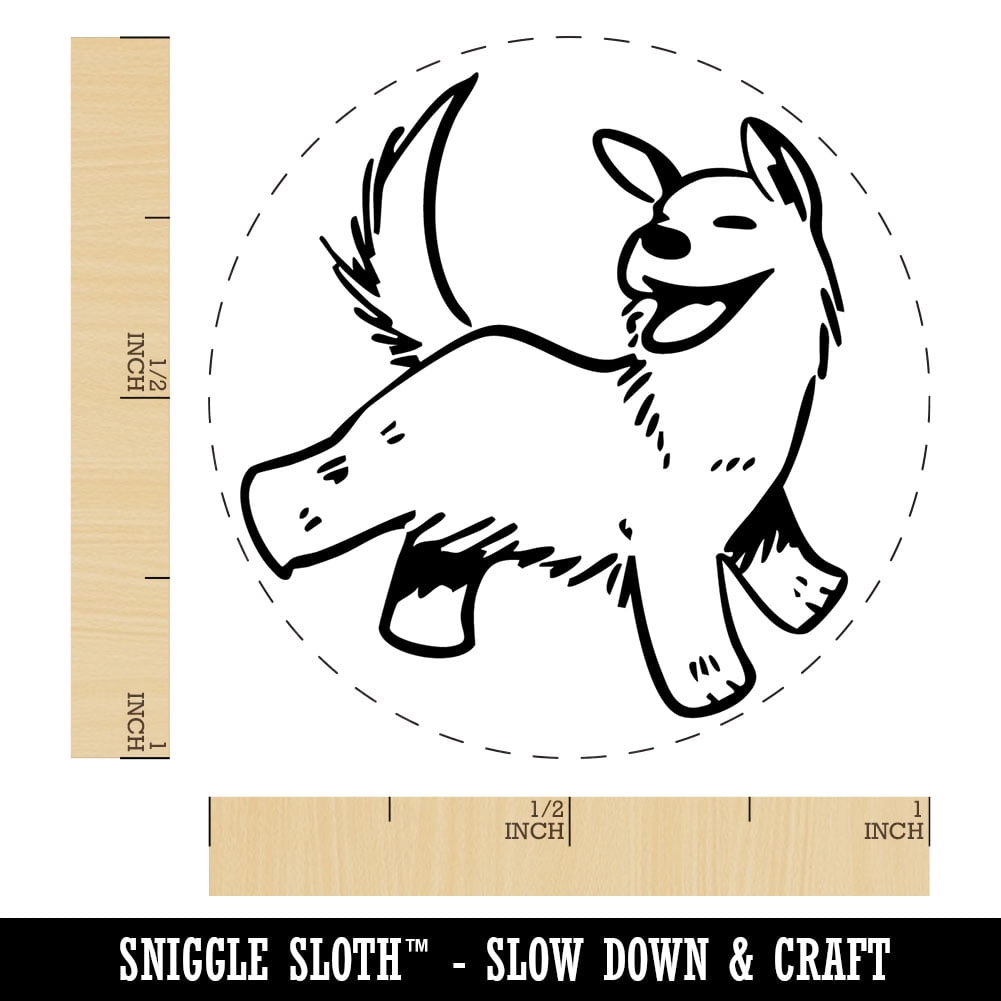Happy Shaggy Dog Running Smile Self-Inking Rubber Stamp Ink Stamper - Black Ink - Medium 1 Inch