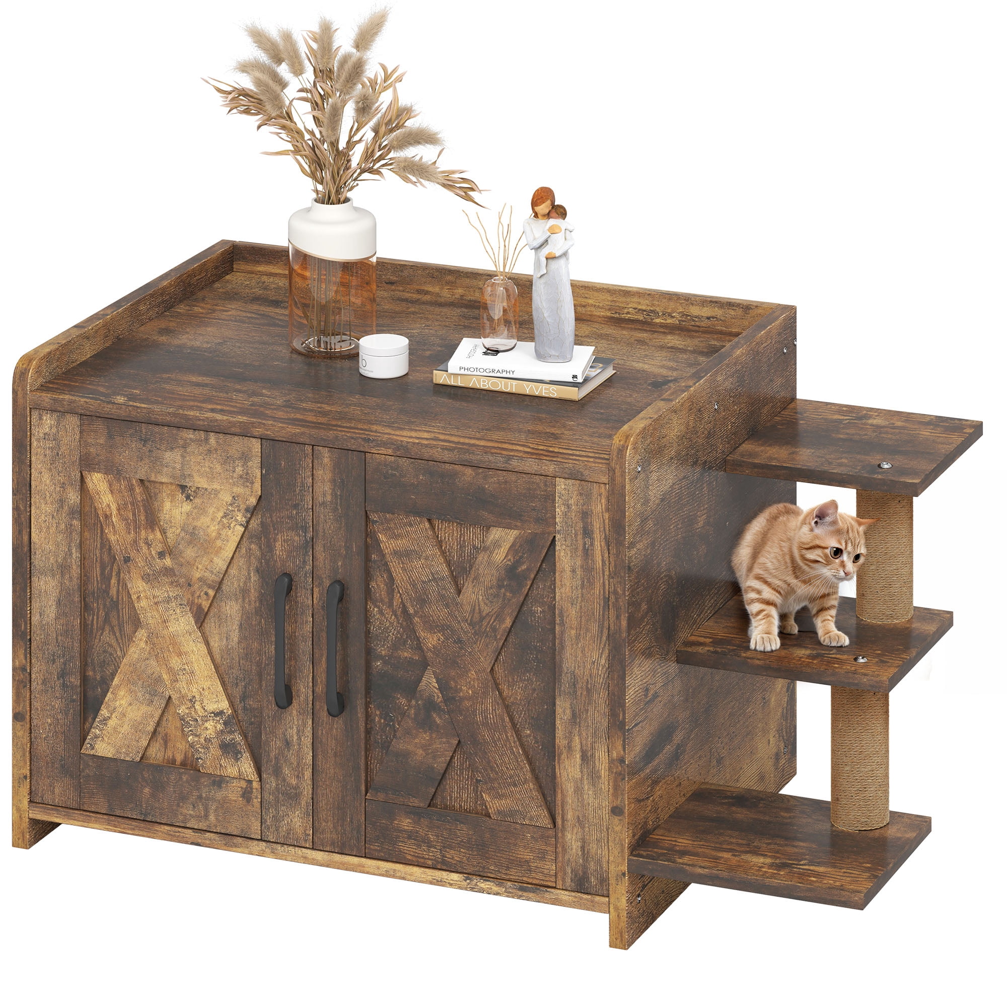 Uforic 27" Cat Litter Box Enclosure, Wooden Cat House Furniture with Scratching Posts & Plush Cushion, Rustic Brown