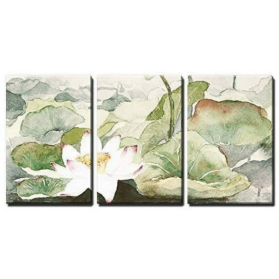 wall26 - 3 Panel Canvas Wall Art - Watercolor Style Lotus Flowers and Leaves - Giclee Print Gallery Wrap Modern Home Art Ready to Hang - 24"x36" x 3 Panels