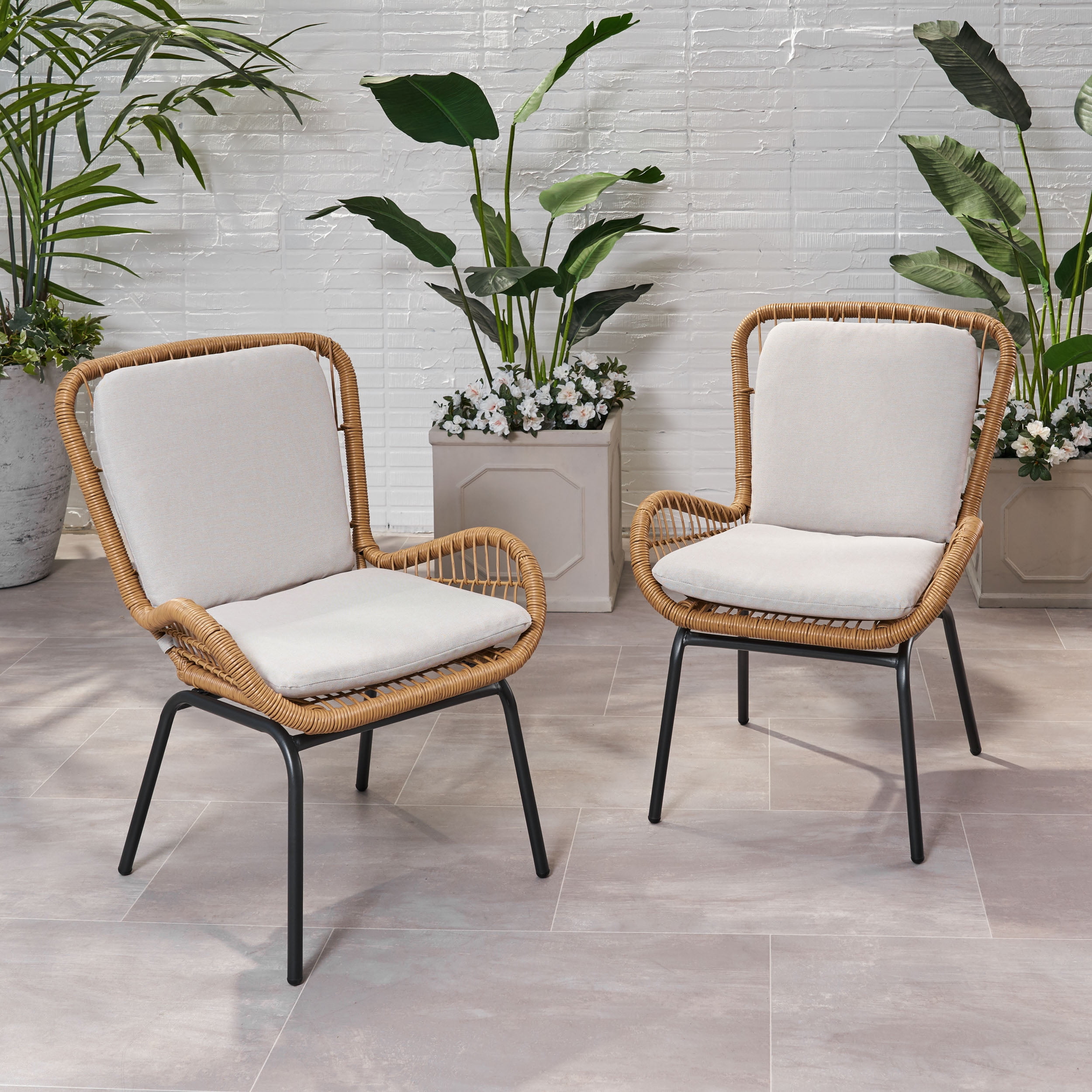 Outdoor Open Weave Wicker Club Chair Set of 2, Cushioned Leisure Seats for Patio Garden, Light Brown