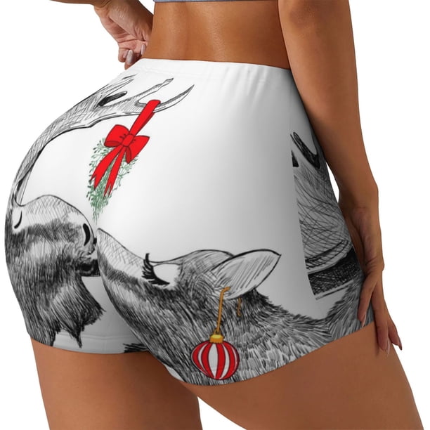 Balery Moose Kissing Under Mistletoe Pantalones cortos de entrenamiento estampados para mujer, sin costuras, ajustados, para gimnasio, yoga, correr, deportes, ejercicio activo, fitness.-Large