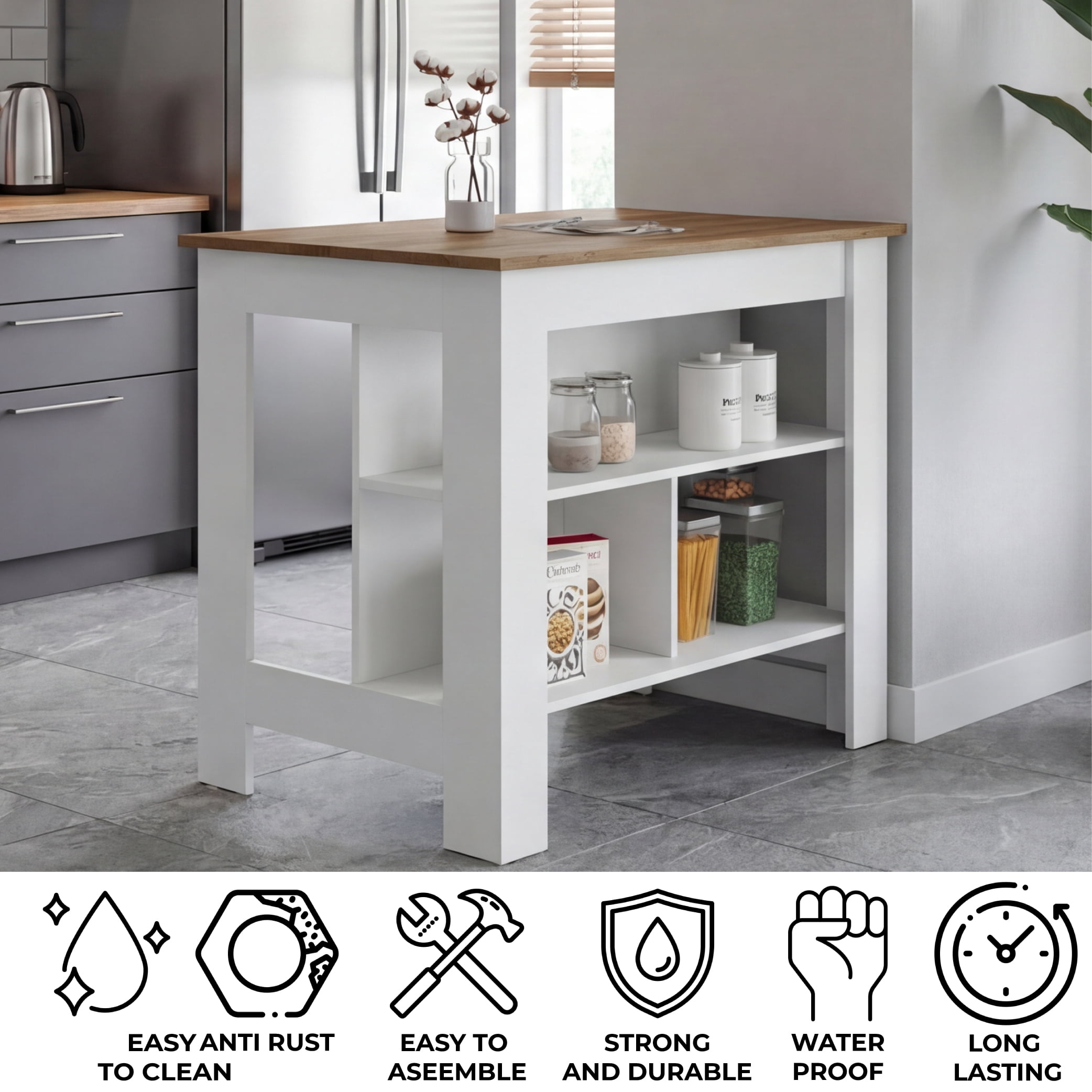TUHOME Freestanding Cala 3-Shelf Wooden Kitchen Island, White Base/Light Oak Top