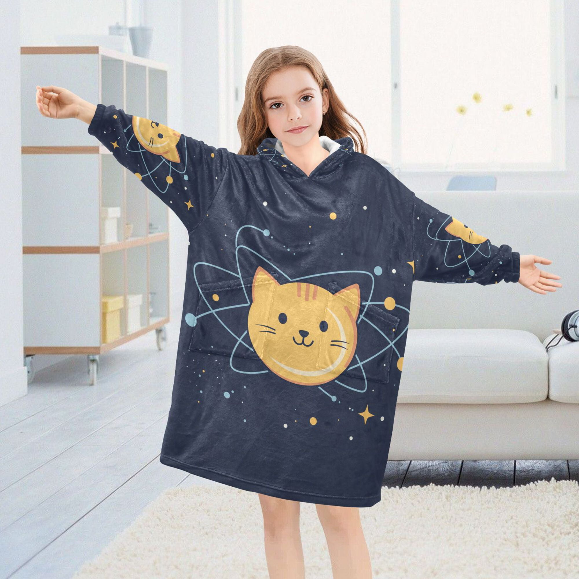 FORMRS Wearable Blanket Hoodie with Sleeves for Kids Cozy Flannel Sweatshirt, Orange Cat Planet