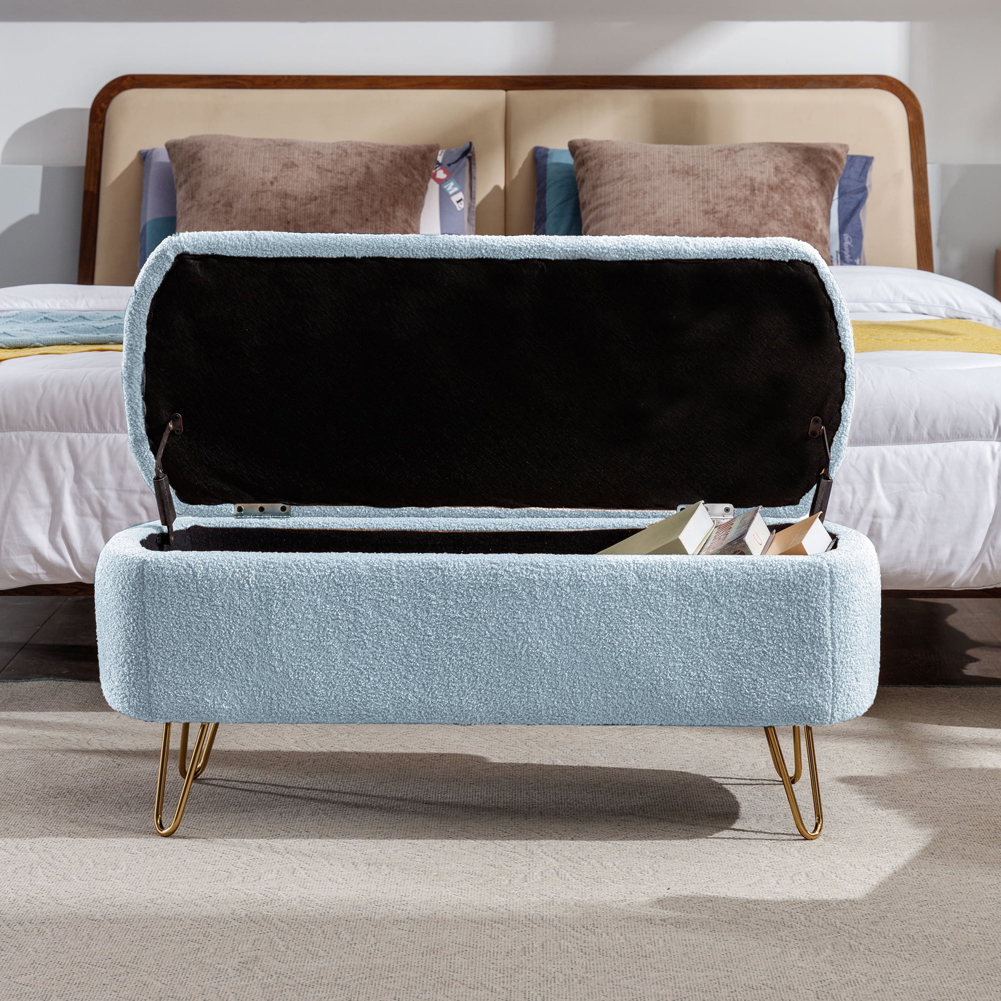 Upholstered Storage Ottoman-Rectangular Padded Seat Bench,Teddy Fabric Shoe Storage with Gold Legs for Bedroom End of Bed, Entryway, and Living Room