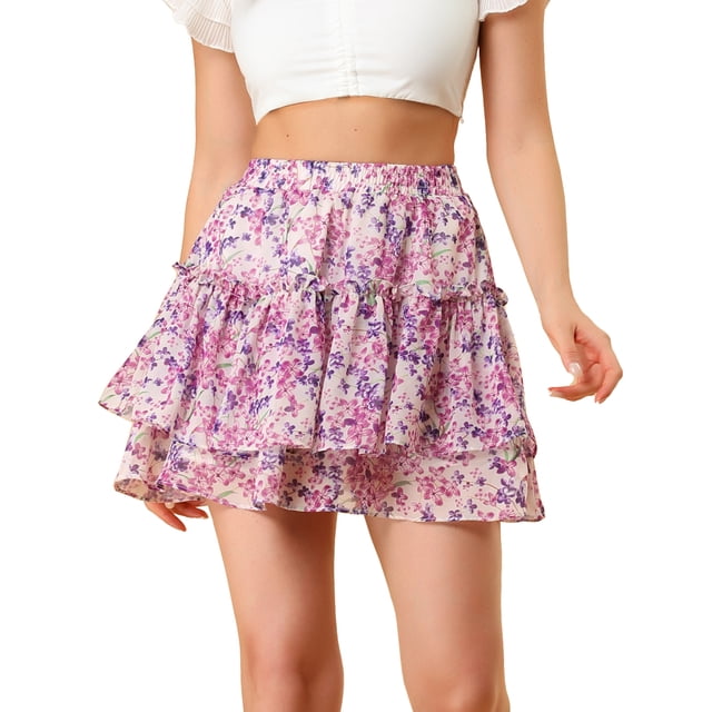 AllegK MinifalPaMujer Faldas Cortas Con Volantes Florales De Verano De CintuAlLindas Rosado morado S
