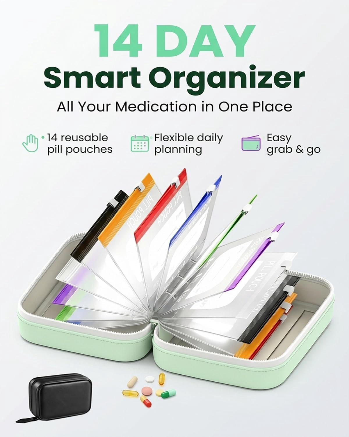 Waterproof Pill Pouch Set Travel Pill Organizer Pouches Medicine Kit Bags Pills 14 Day Medication Metal Reusable Large Case Portable Organizers Size Small Container with Labels Binder(1*Black)