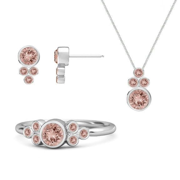 4mm Round Shape Morganite 925 Sterling Silver Mother's Day Gift Ring Earrings Pendant Set Ring Size 7