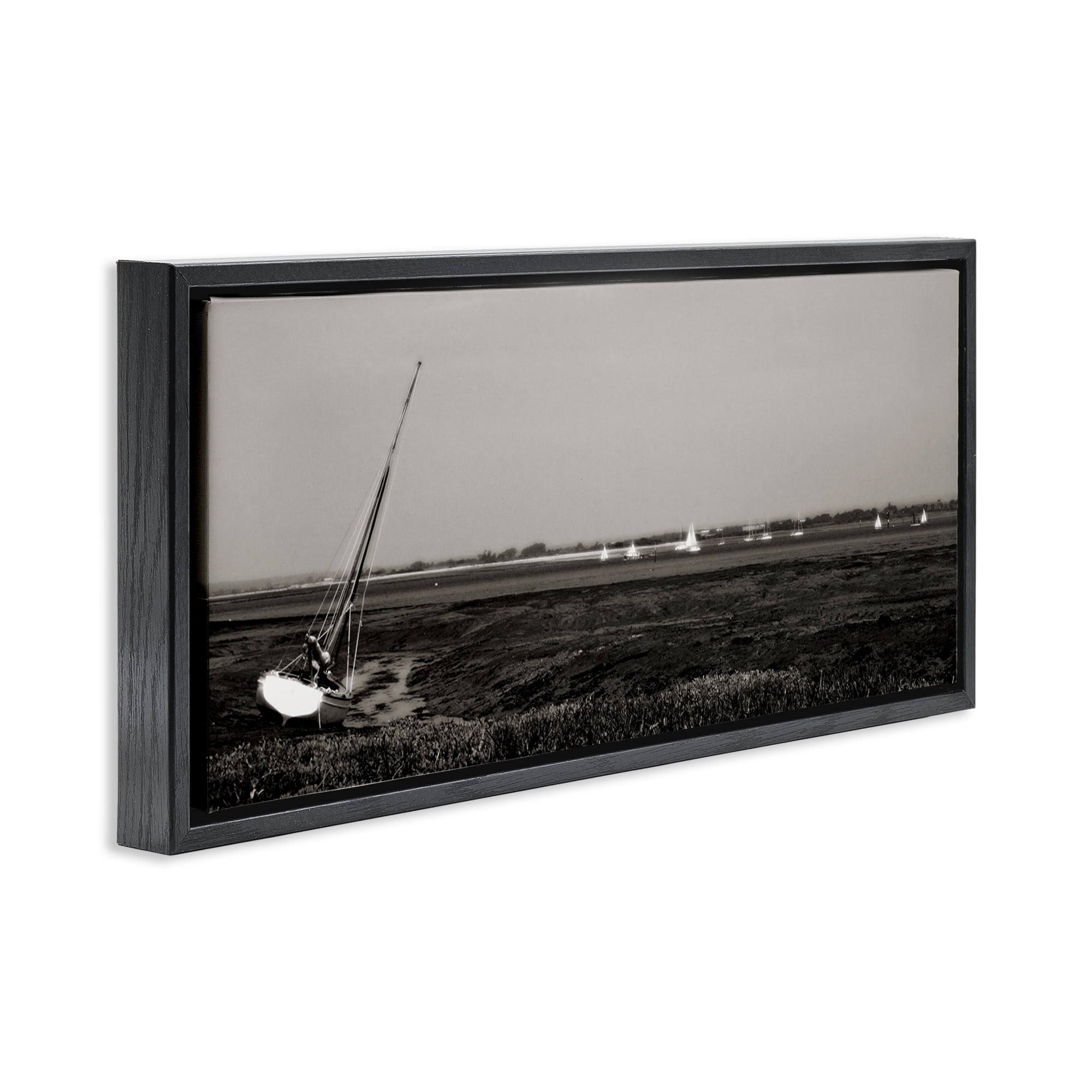 Stupell Industries Boating Towards Hayling Coastal Photography Black Floater Framed Canvas Art Print Wall Art, 31 x 14