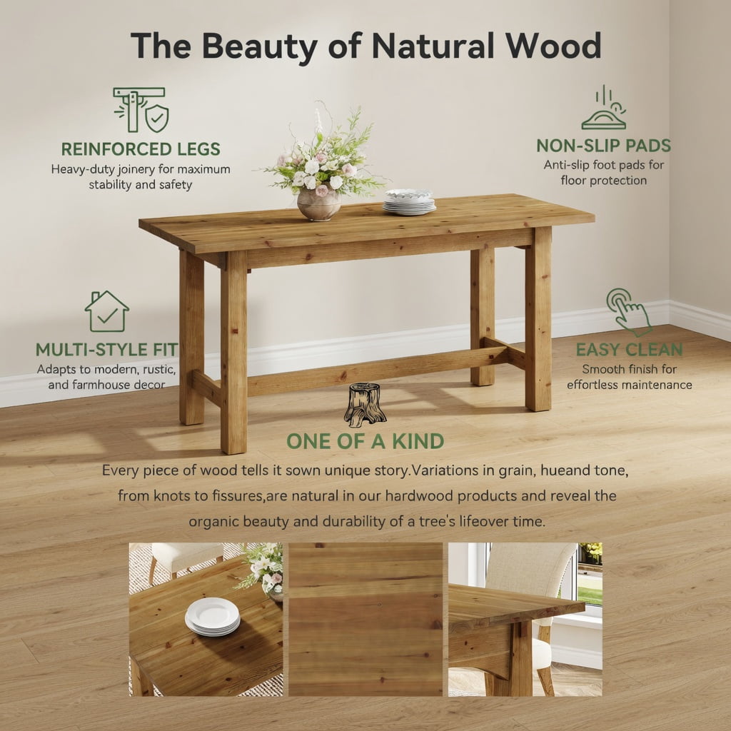 Hommoo Rustic Solid Wood Dining Table, 63 Inch Rectangular Kitchen Table for 4 to 6 People, Grain Farmhouse Table with Sturdy Wooden Legs, Natural