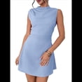 thumbnail image 3 of Vestido Mini para Mujer, Fruncido, Cuello Alto, Sin Mangas, Corte A, para Fiesta de Verano. Azul L, 3 of 10