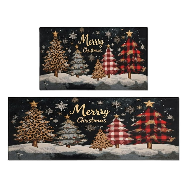 Christmas Kitchen Rug Set of 2 Non Slip Kitchen Mats for Floor,Red Christmas Triangle Tree Plaid Kitchen Runner for Bathroom,Room Cooking (47x17+30x17in)