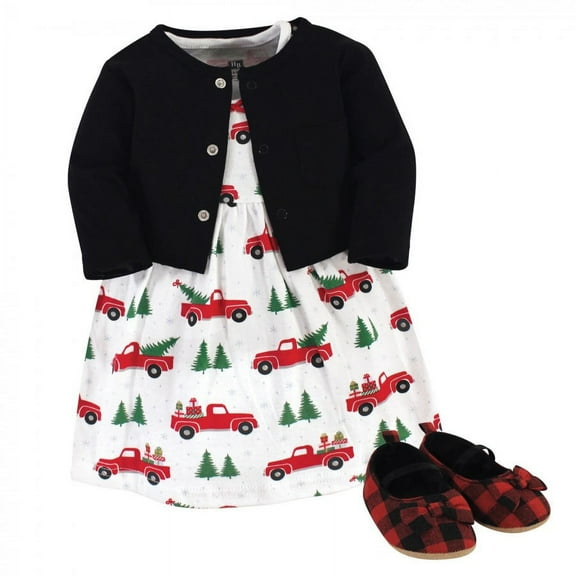 Hudson Baby Infant Girl Cotton Dress, Cardigan and Shoe 3pc Set, Christmas Tree, 0-3 Months