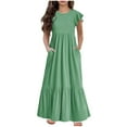 thumbnail image 3 of Jinhomg Girls Flowy Tiered Dress Toddler Kids Casual Solid Pleated Dress Lightweight Comfy Ruffle Short Sleeve Maxi Dress Loose Sundresses Green 150, 3 of 7