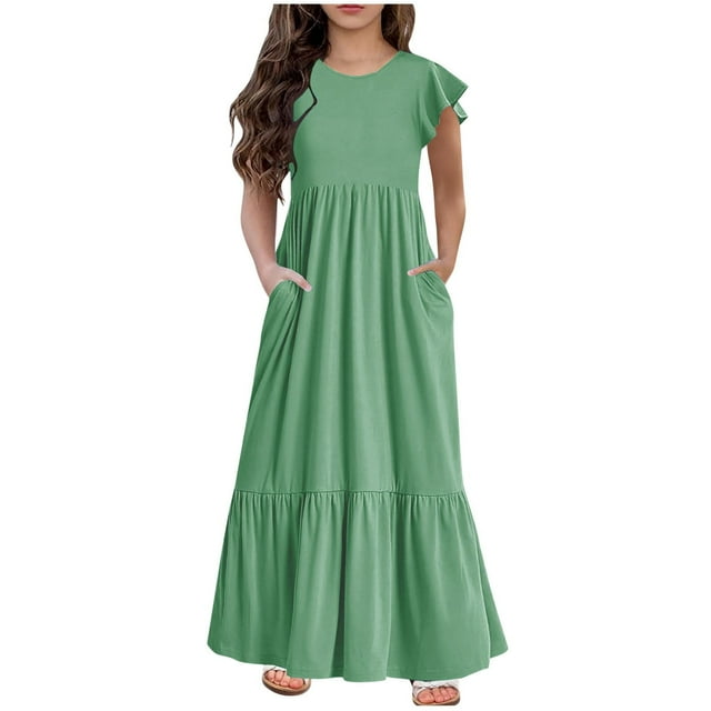 Bwiyojiz Robe d'Été pour Filles, Tailles Mode 130-160, Manches Courtes, Col Rond, Couleur Unie, Vert