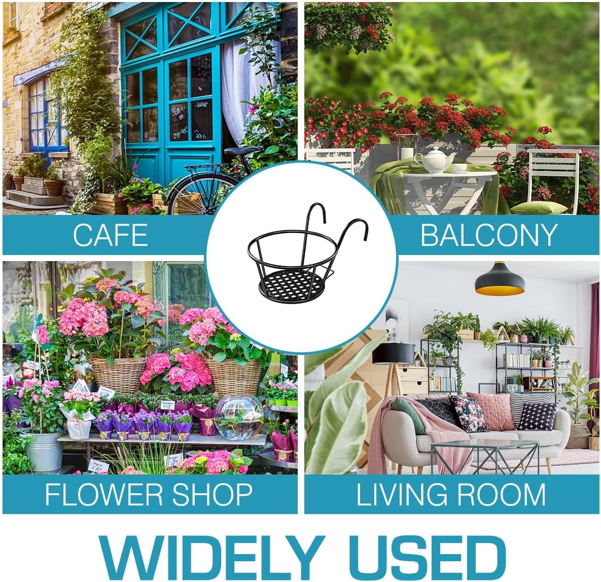 ABCISI Over The Rail Flower Pot Holder for Railings Planter Iron Fence Planters Hanging Planter Pot Container 16.5x10.5x20cm (Black)