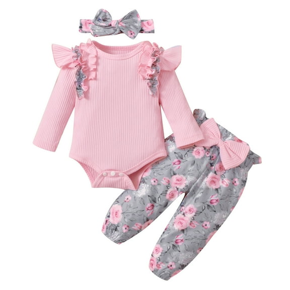 RMGVDSD Girls' Clothes Fashion Outfits Baby Girls Ribbed Long Sleeve Bodysuit With Ruffle Floral Print Headband Outfit For Toddler Photo Pink 12-18 Months