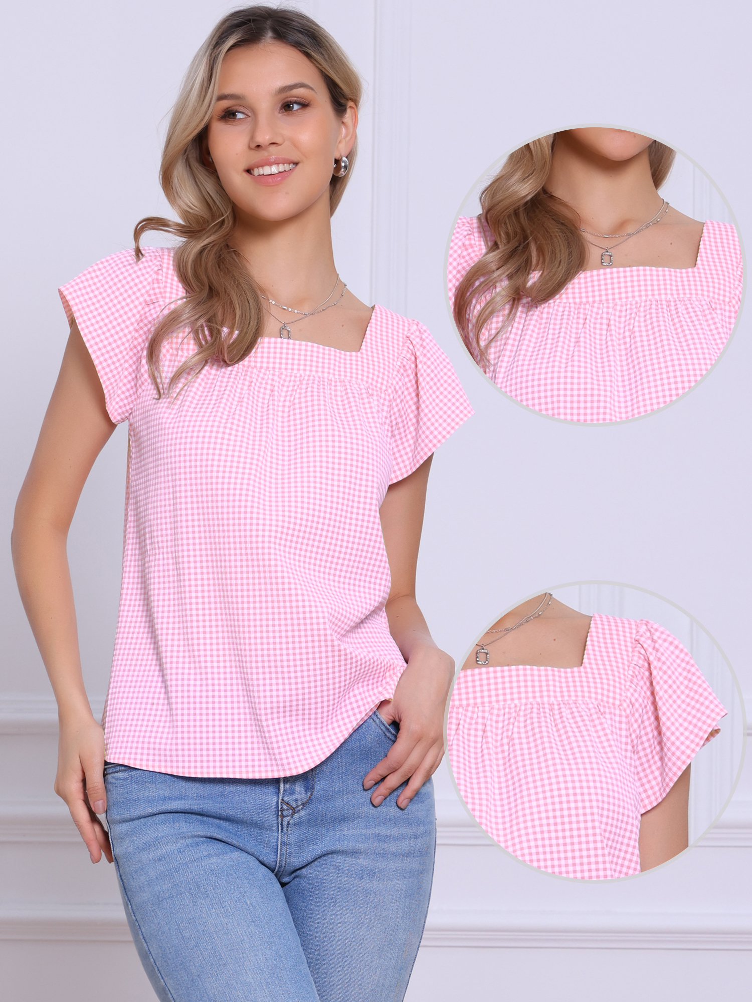 DARING DIVA Women's Cute Cap Sleeve Square Neck Plaid Blouses S Pink