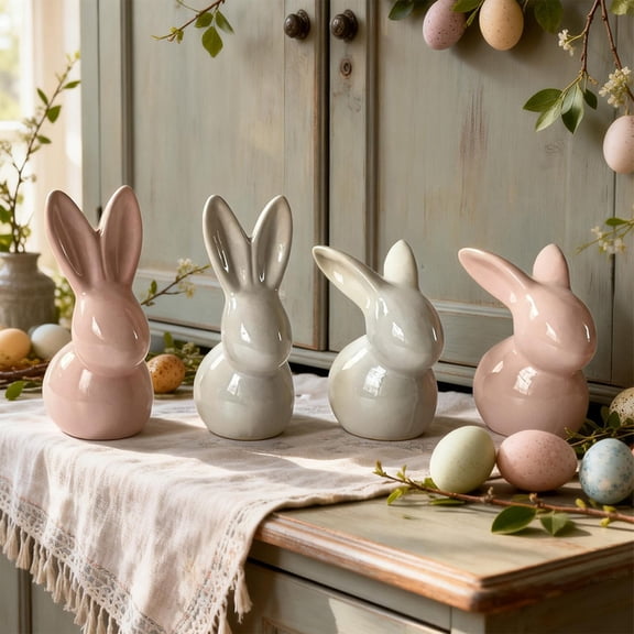 Easter Bunny Ceramic Figurine Cute Desktop Decor for Home, Spring Tabletop Ornament Gift, Pink or White, Small Size