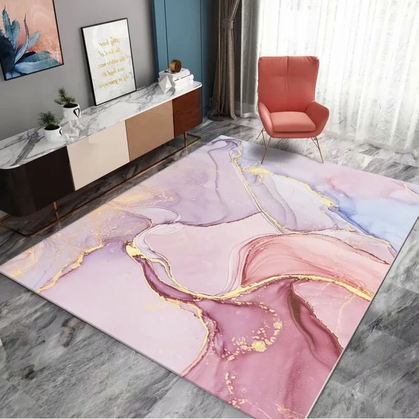 Living Room Bedroom Rug For Women Beautiful Pink Marble Gold Line